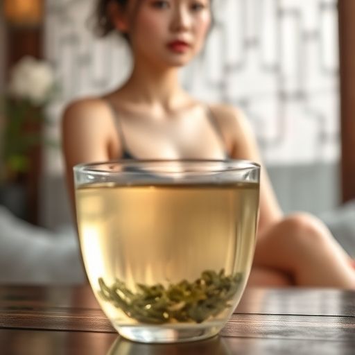 一杯清亮的茶汤，背景是模糊的茶具