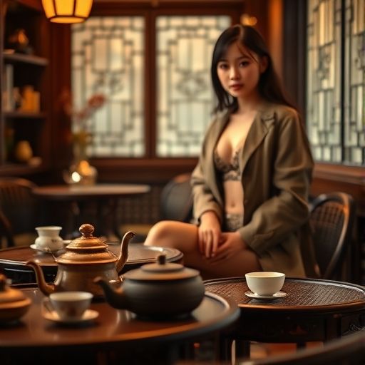 茶室内的茶具与木桌