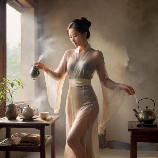 茶艺师优雅地泡茶，茶汤在杯中缓缓流动