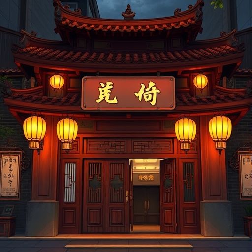 夜晚灯光下的广东传统风格桑拿入口插画