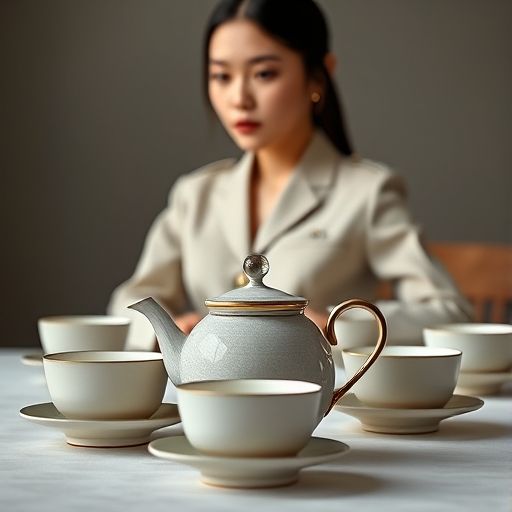 精致茶具摆放在木桌上，背景是模糊的都市夜景