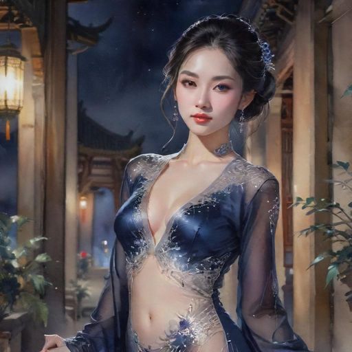 老西关庭院夜景水彩插画