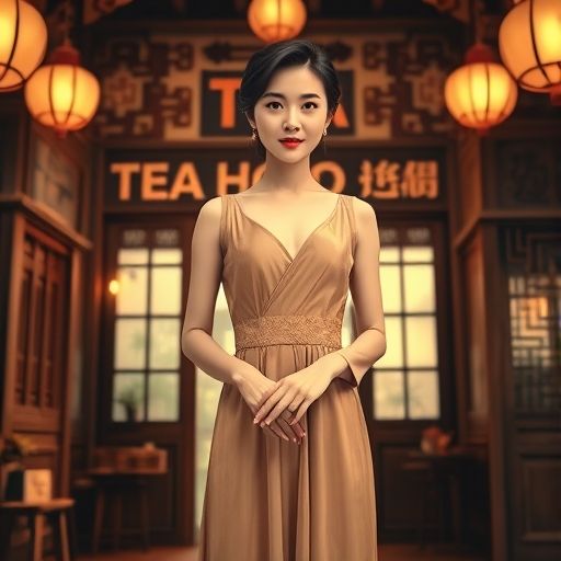 一扇雕花木门半开，透出茶室内的温暖灯光