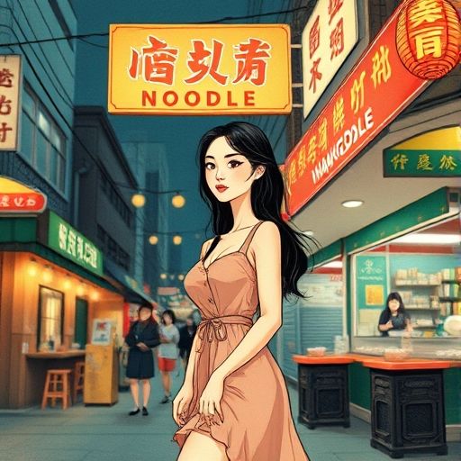 云吞面摊夜景插画