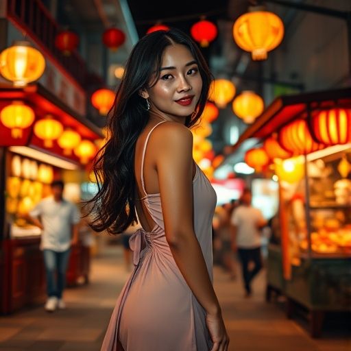 深夜美食街摊位灯火通明的全景