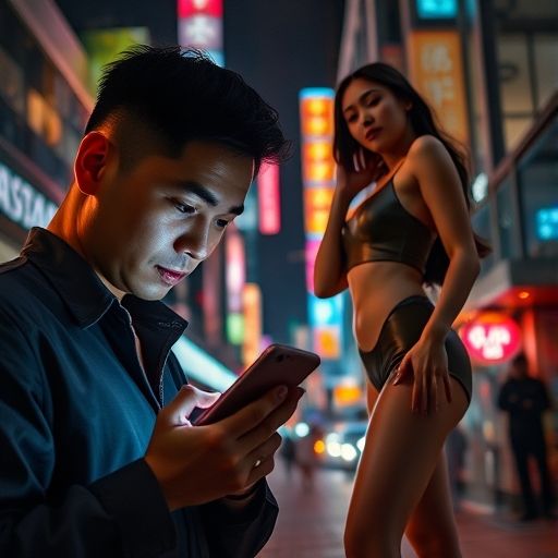 一个男人在夜晚的都市背景下，专注地滑动手机屏幕，脸上带着一丝期待和探寻的表情