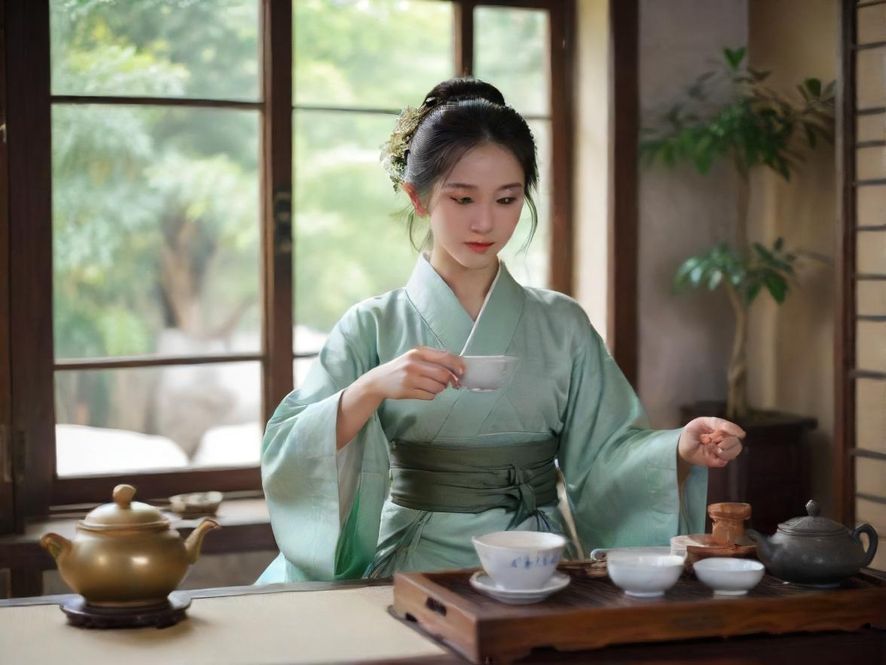 温馨茶室内的茶艺场景