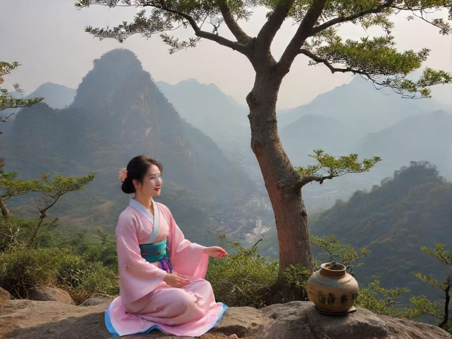 一位女子在惠州茶室中品茶，侧面特写展现唯美意境，窗外是迷人的山景，营造出宁静致远的情绪。