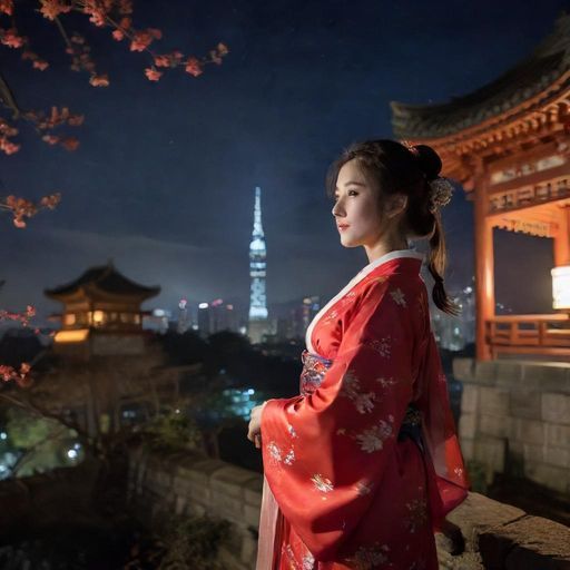 俯瞰繁华夜都市景象，绚丽多彩的灯光描绘出城市的轮廓
