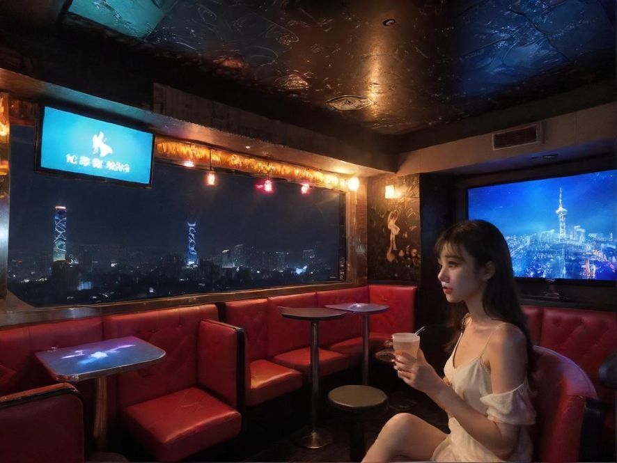 广州夜场KTV包厢内景，霓虹灯光璀璨，营造出欢快、放松的娱乐气氛。