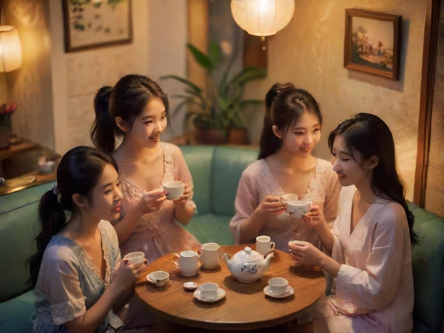 一位气质优雅的女士在深圳一家温馨茶室里，享受着下午茶时光，画面温馨而宁静。