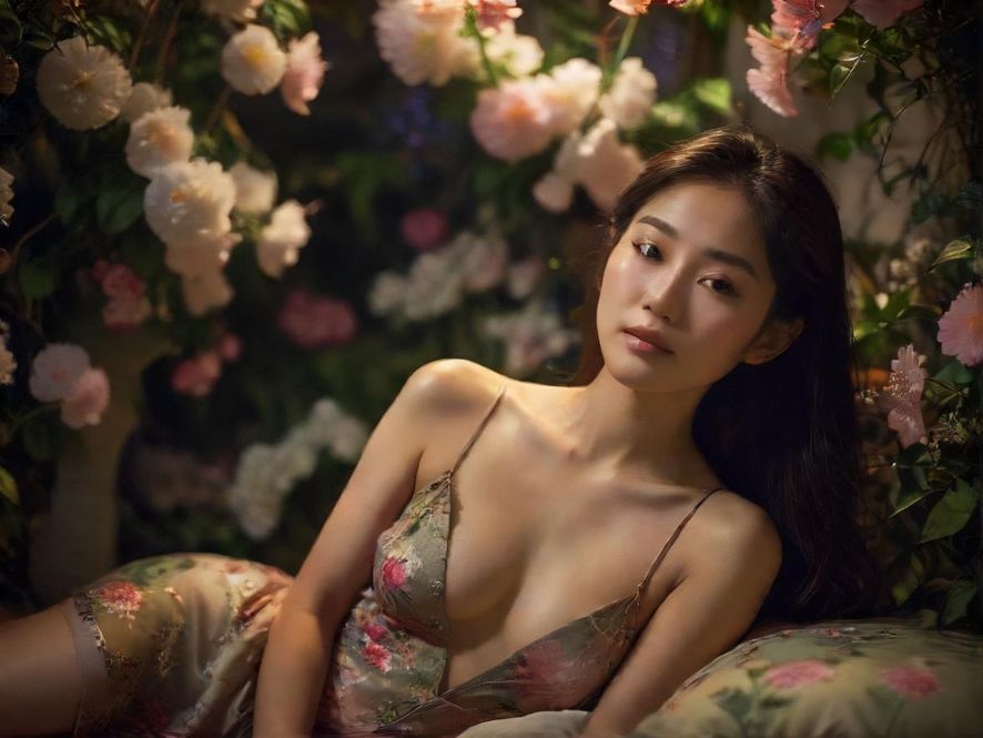在繁花簇拥的私密花园中，一位身姿曼妙的女子，眼神温柔，仿佛在等待一场知己的相遇。