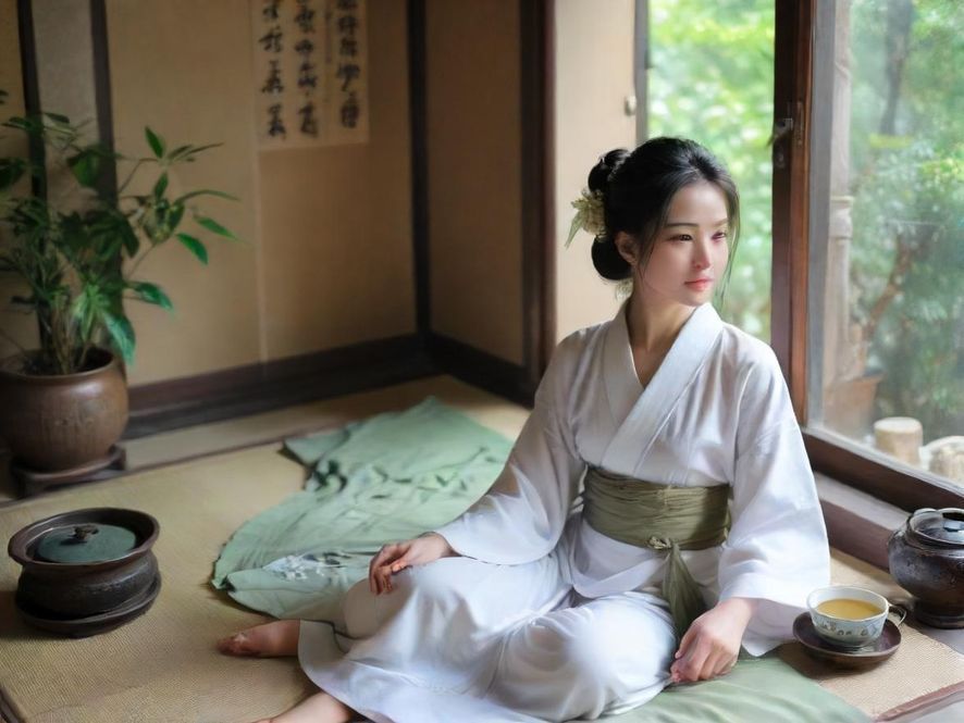 一位气质优雅的女性在深圳温馨茶室中品茶，展现出放松惬意的姿态。