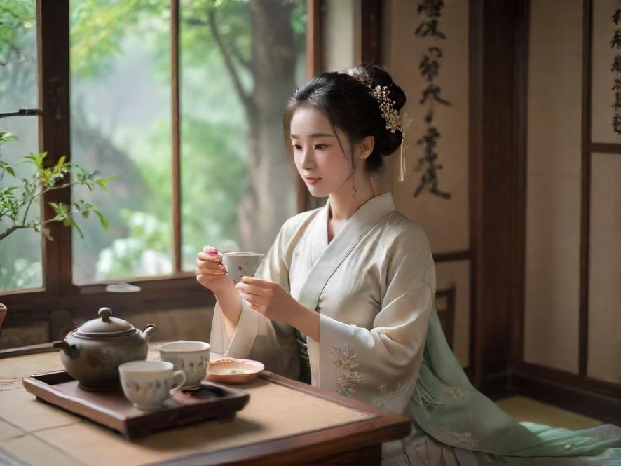 广州特色休闲茶社，室内特写镜头展现暖色调光影下的传统中式韵味。