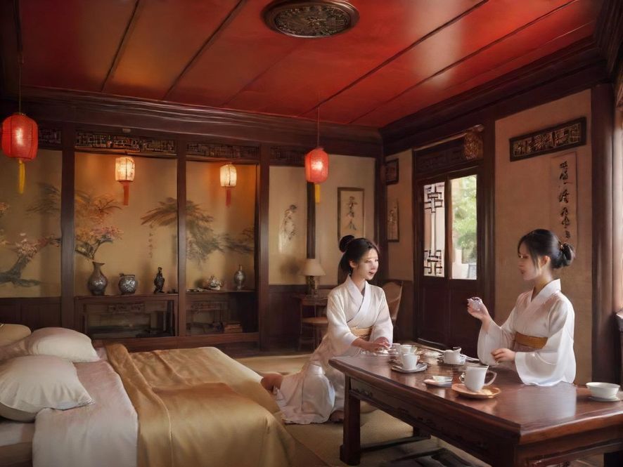 青月楼茶室，古朴与现代交融，营造出极致的宁静与雅致。