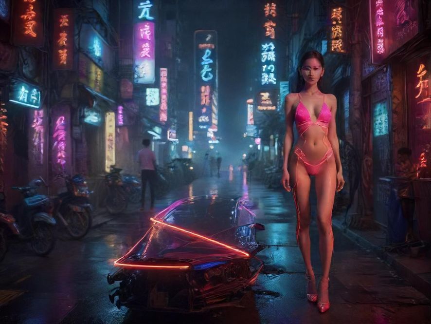 广州夜晚街头，远处是闪烁的霓虹灯