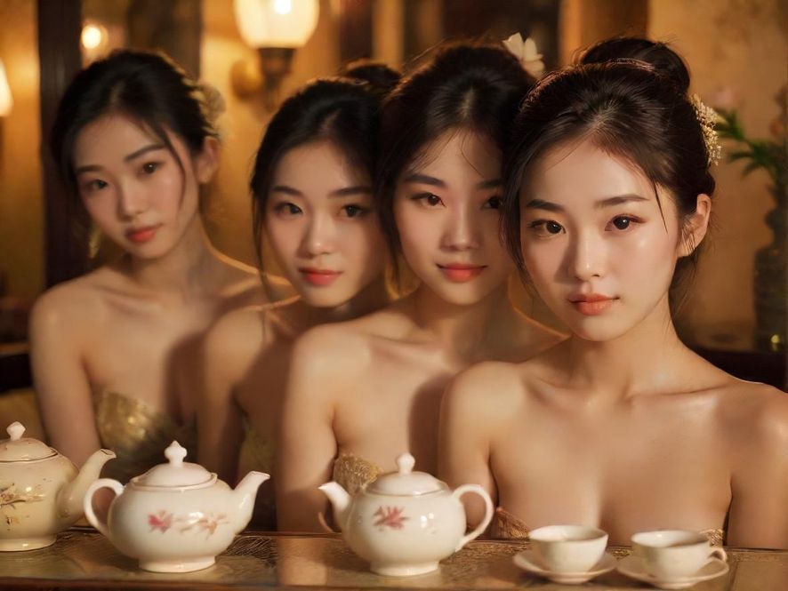 私密会所内的精致茶具和柔和灯光，营造出温馨而有格调的氛围。