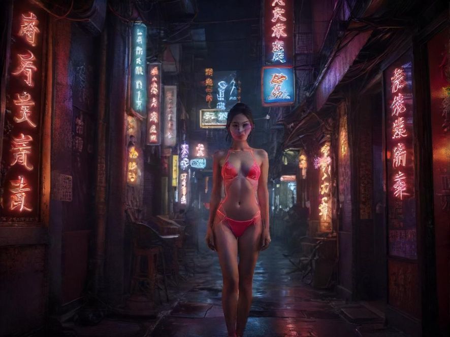 罗湖某夜场入口，霓虹灯招牌在夜晚闪烁，营造出一种神秘而诱惑的电影感氛围，背景是模糊的城市夜景。