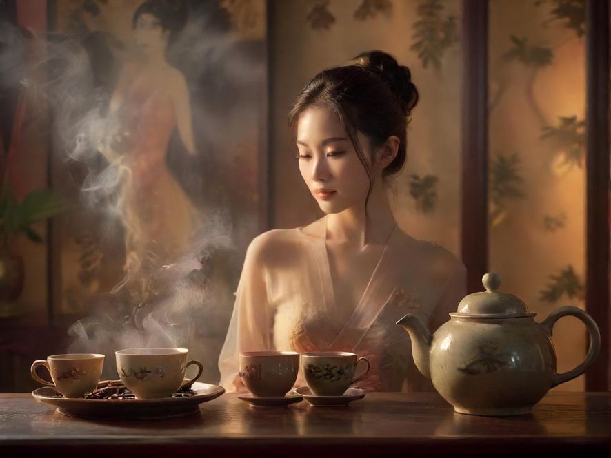 一张古朴的木桌上，一套精致的中式茶具摆放整齐，茶杯中热气氤氲，旁边几片茶叶散落在旁，光线柔和，营造出一种宁静雅致的品茶氛围。