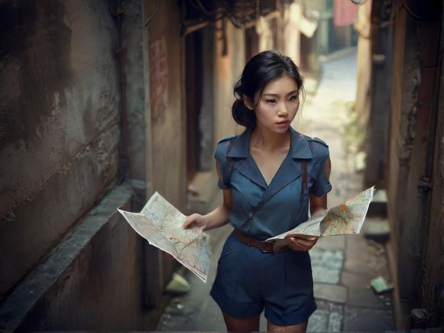 一位探险者手持地图，仿佛在寻找隐藏的地点