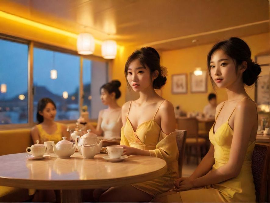 一间布置雅致、光线柔和的茶室，充满东方韵味，适合品茶