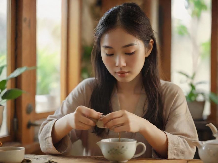 一位学员正在细致地制作香草茶，镜头特写她的手部动作，背景是温暖色调的宁静茶室。