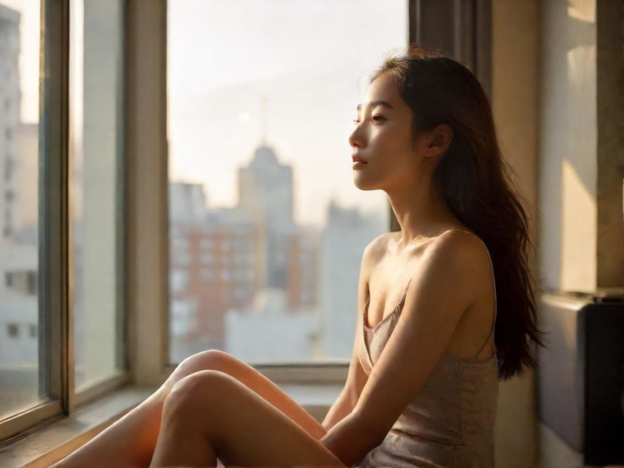 都市女性凝望窗外，期待一场浪漫邂逅