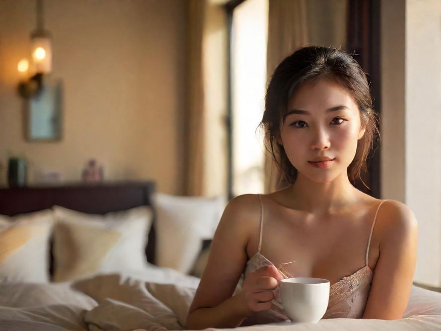一位身着古韵服饰的女子，在柔和的光线下，静心品茗，侧面特写展现其沉思的优雅。