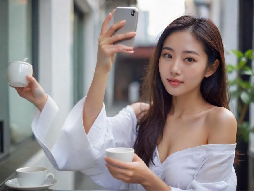 一位都市女性在茶室中品茗，面带微笑，窗外是模糊的城市街景