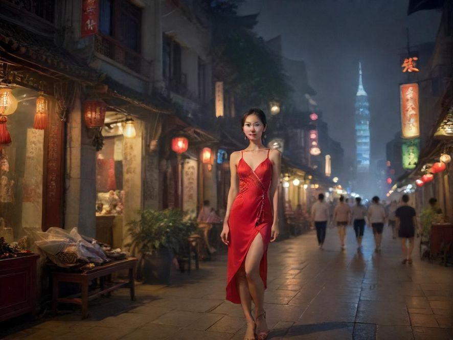 广州老城区夜景，灯光下人流涌动