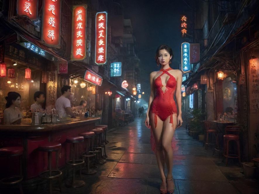 广州新蒲夜色下的街道，霓虹闪烁，充满活力。