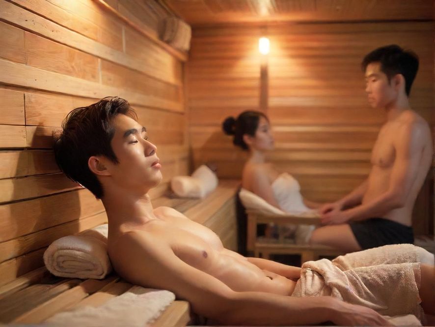 一位男士在舒适的休息区,享受桑拿后的放松时光,神情愉悦。