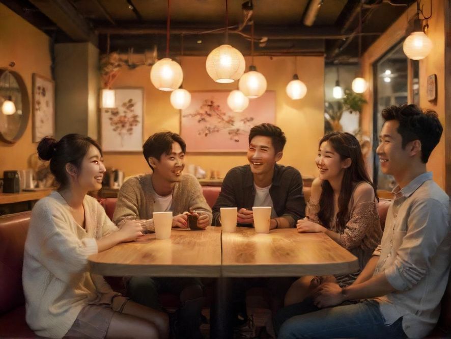 一群年轻人围坐在咖啡馆里轻松交流的场景