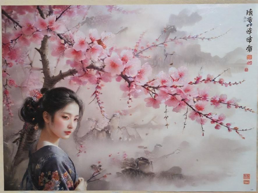 一束精美绝伦的现代花艺作品，色彩搭配和谐，构图优雅，背景是模糊的沙龙活动场景。