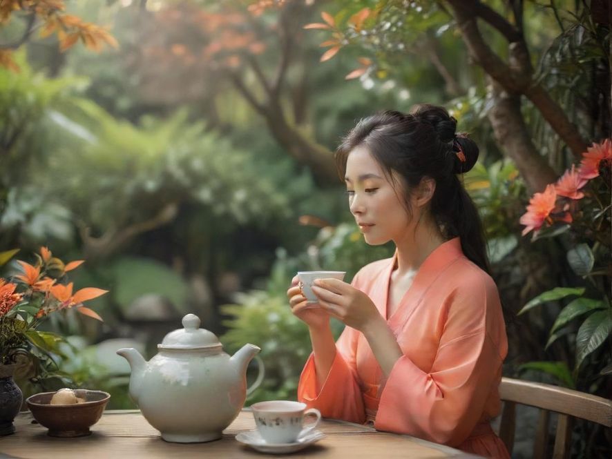 一位优雅女士在广州佰花园内特色茶馆中，手持精致茶杯，近景特写展现其享受品茶的宁静瞬间，背景是朦胧的花园美景，营造出唯美而放松的氛围。