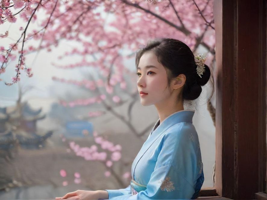 一位优雅的女性在奢华的私人空间中享受宁静，侧面视角展现了环境的艺术感和精致的内饰。