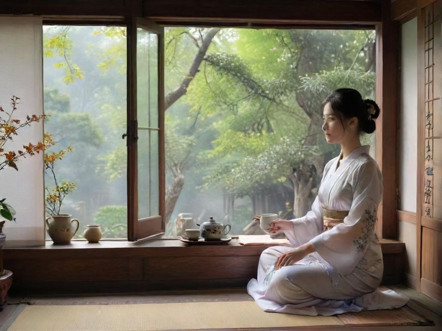 一位优雅的女士在雅致的茶室中品茶，享受宁静时光