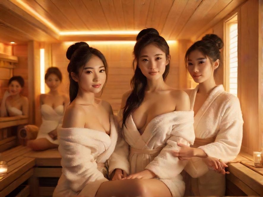 一间装修豪华、光线温暖的桑拿房内部,木质结构和舒适的座椅让人倍感放松。