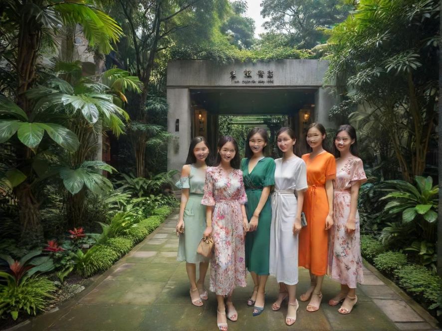 广州佰花园入口处，一条被茂盛绿植环绕的石板小径，阳光透过树叶洒下斑驳光影，尽头隐约可见一座典雅的园林建筑。