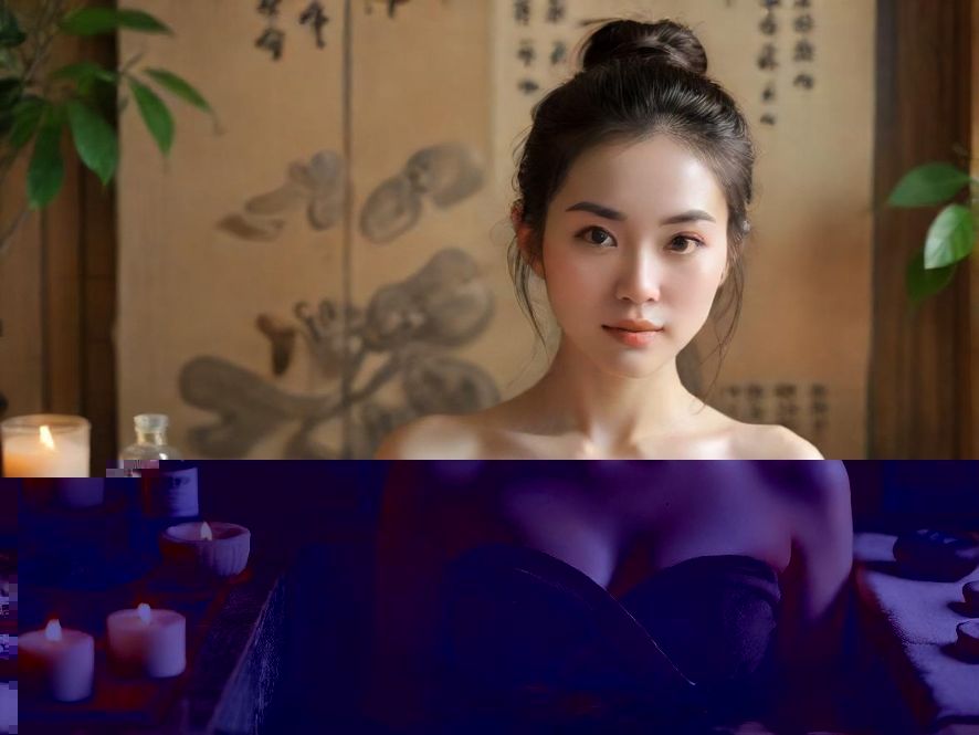 一位女性在宁静的SPA房间里享受全身按摩,俯视角度展现出她放松的姿态和治愈系的氛围。