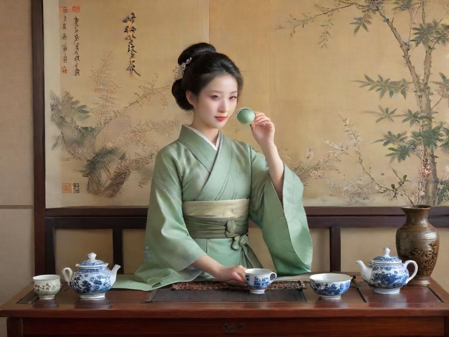 一位气质优雅的茶艺师正在温馨茶室中精心冲泡茶水