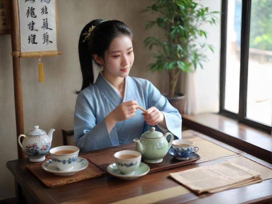 一位气质优雅的广州茶艺师在古典茶室中专注泡茶,光线柔和,营造出宁静唯美的氛围。