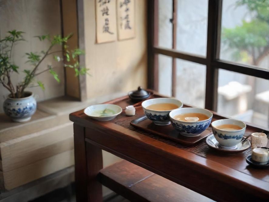 一间充满东方雅韵的私密茶室,茶香袅袅,两位友人对坐品茗,享受着宁静而美好的时光。