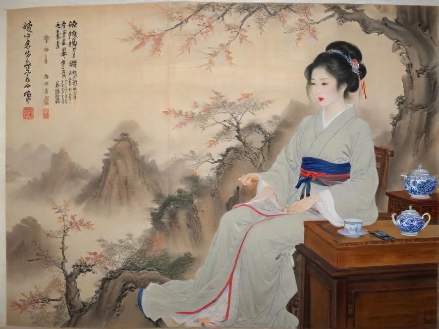 佛山典雅茶馆内,一位身着旗袍的女子在温馨灯光下品茶,背景是精致的木质雕花和柔和的装饰,营造出宁静雅致的氛围。