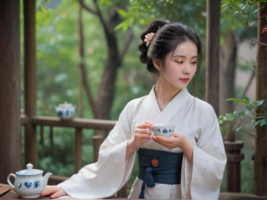 一位身着旗袍的东方优雅女性,侧身坐于古色古香的茶桌旁,背景是精致的茶具。