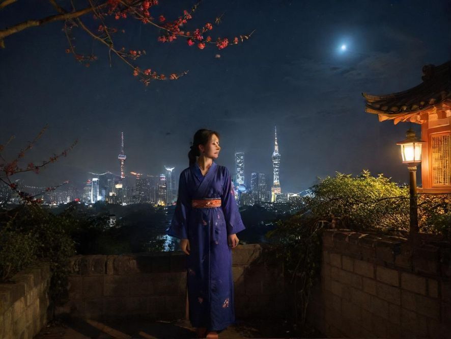 广州夜晚街景中的美女楼凤温柔形象