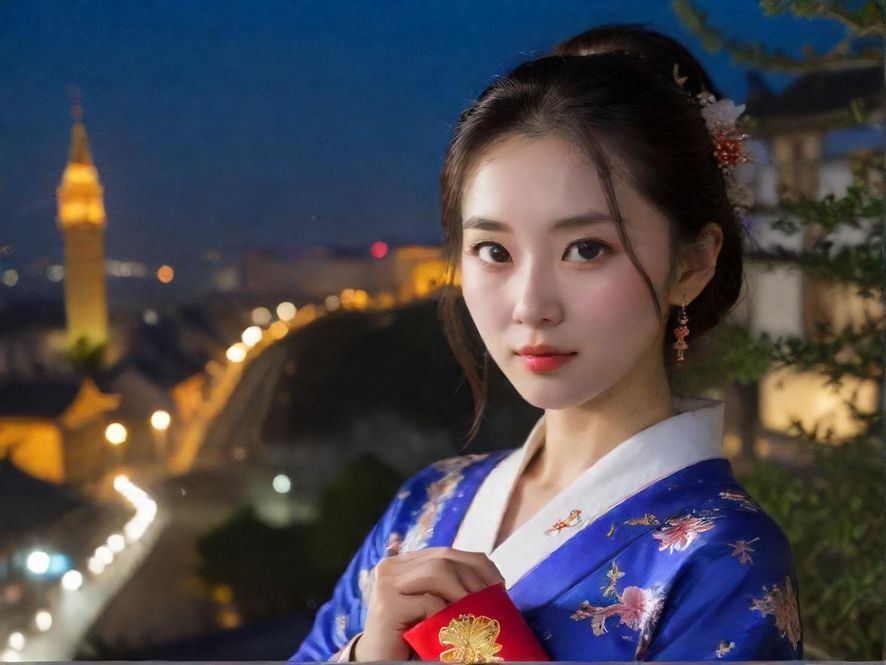 一位自信优雅的女性特写,身着时尚服饰,背景是模糊的广州城市夜景,展现出都市丽人的魅力与活力。