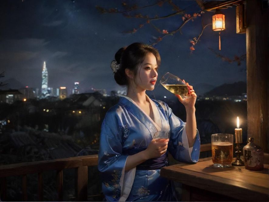 广州特色酒吧内，两位气质女性轻举酒杯，背景是模糊的城市夜景，氛围时尚高雅。