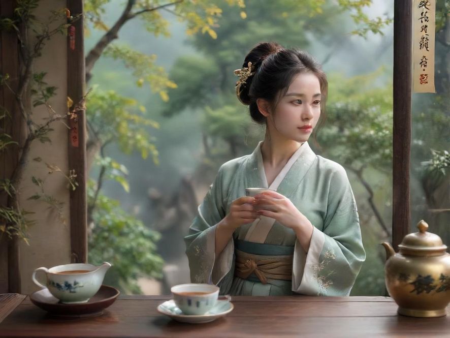 一位女士在龙岗特色茶馆中,面带惬意微笑,双手轻捧茶杯,背景虚化,展现出放松享受的瞬间。