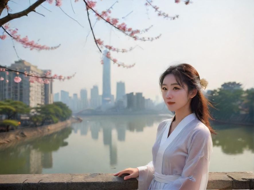 一位在上海闵行时尚街区自信漫步的女性，展现都市魅力